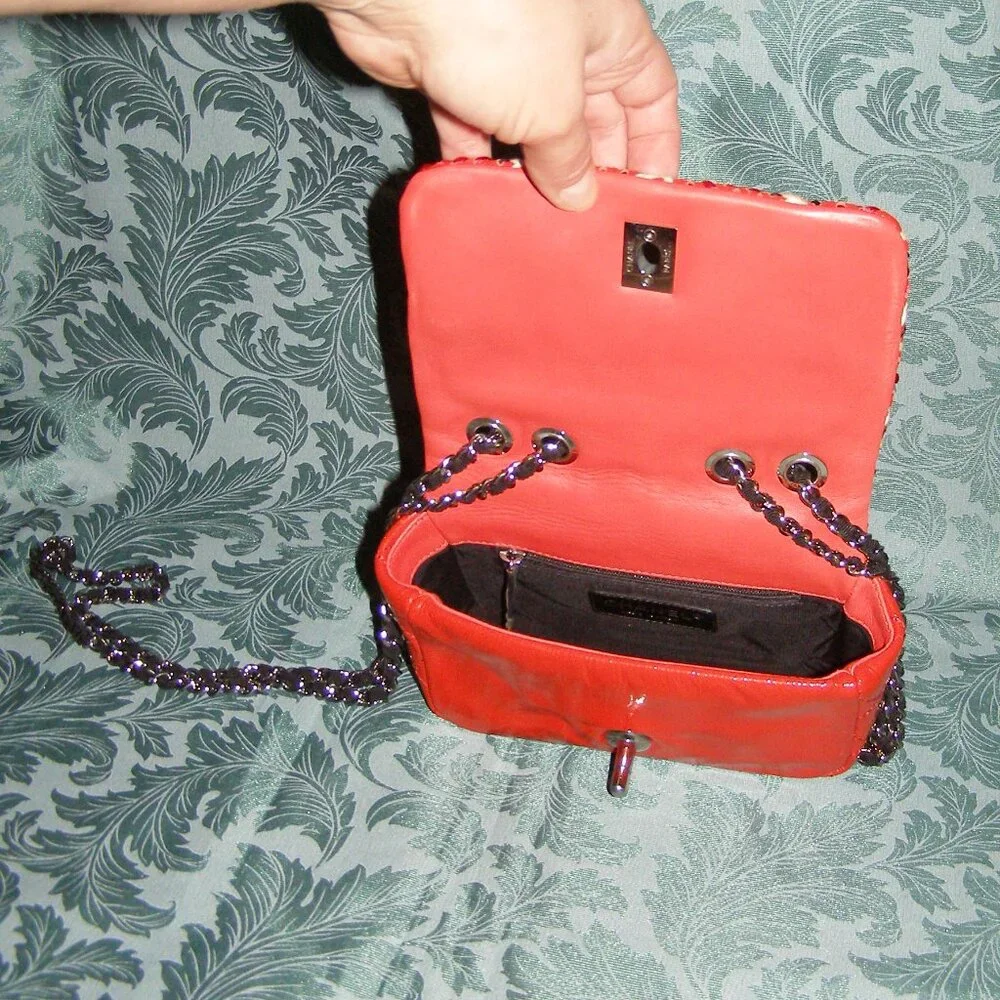 RARE Chanel Red Mini Patent Leather Woven Stitch Tweed Flap Bag